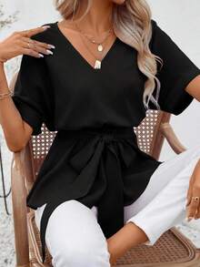 Womens V Neck Short Sleeve Belted Tops Casual Blouse Basic Tee Shirts - 黑色 - 查看 4
