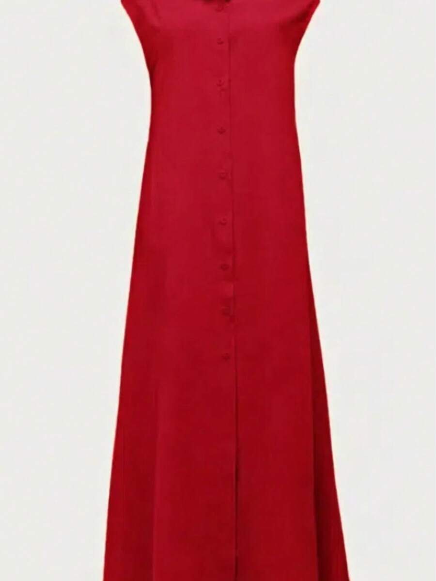 Women's Casual Commute Solid Color Front Button Long Dress Red Elegant Summer - Red - View 1