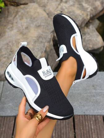 1 Pair Solid Color Casual Breathable Fabric Hollow Sports Sneakers, Suitable For Beach, Holidays, Casual, Parties, Office, Home, Gym, Outdoor, All Seasons