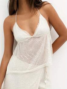 Women Sequin Halter Tops Y2K Sparkly Spaghetti Strap V Neck Slim Fit Sheer Mesh Cami Tank Tops Summer Backless Sleeveless Bling Glitter See Through Camisole Crop Tops Cute Going Out Vests Tops Party Club Streetwear - trắng - Xem 3