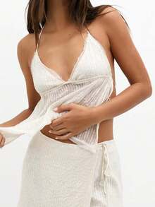 Women Sequin Halter Tops Y2K Sparkly Spaghetti Strap V Neck Slim Fit Sheer Mesh Cami Tank Tops Summer Backless Sleeveless Bling Glitter See Through Camisole Crop Tops Cute Going Out Vests Tops Party Club Streetwear - trắng - Xem 4