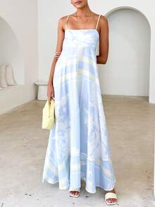 Women Y2K Maxi Dress Smocked Spaghetti Strap Sleeveless Long Flowy Dress Boho Backless Aline Long Dress Summer Casual Beach Sun Dress - 淺藍色 - 查看 4