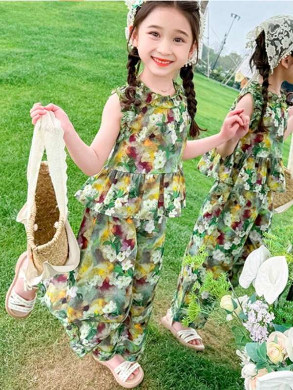 فستان البنت المزهر] مجموعة قطعتين صيف 2025 جديدة، بدلة بنات بدون أكمام بطراز زهري | فستان صيفي كاجول للبنات بتصميم دانتيل عصري للخارج، ملابس أطفال