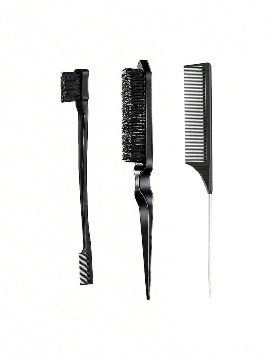 3pcs Women's Simplistic Hair Styling Brush, Teasing Comb, Edging Brush With Dense Teeth Hair Styling Tool - Black - View 1