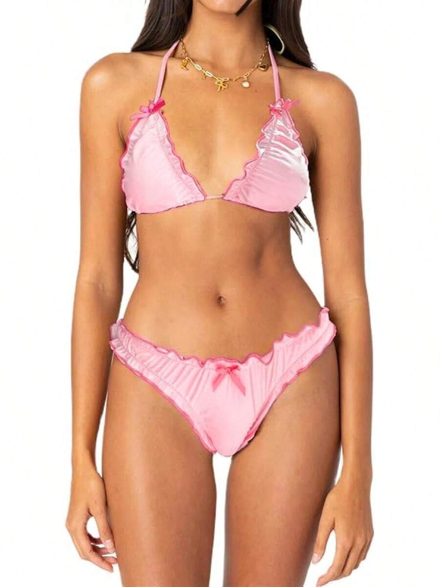 Alyweatry Women Y2K Bikinis Sets Coquette Aesthetic Bows Halter Tie Up Bikini Top High Cut Elastic Waist Bikini Bottom - 粉色 - 查看 1