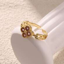 1pc 18K Plated Stainless Steel Colorful Zirconia Four-Leaf Clover Open Ring, Fashionable & Suitable For Party, Date, Office Wear
