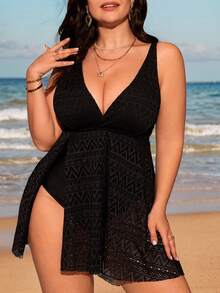 Swim Lushoire Plus Size Women's Solid Color Casual Tankini Swimsuit For Vacation Summer