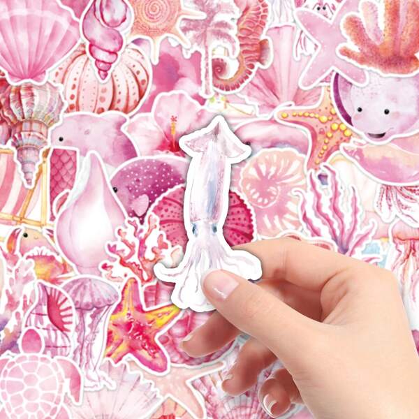 50pcs Pink Ocean Elements: Starfish, Sea Urchin, Jellyfish, Fresh And Simple, Ins Style Decorative Speaker Stickers