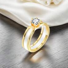 6mm White/Black Ceramic Rings Plus Cubic Zirconia For Women Comfort Fit Engagement Wedding Band Size 5-122025 - White+Gold - View 11