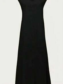 Women's Casual Commute Solid Color Front Button Long Dress Black - Black - View 3
