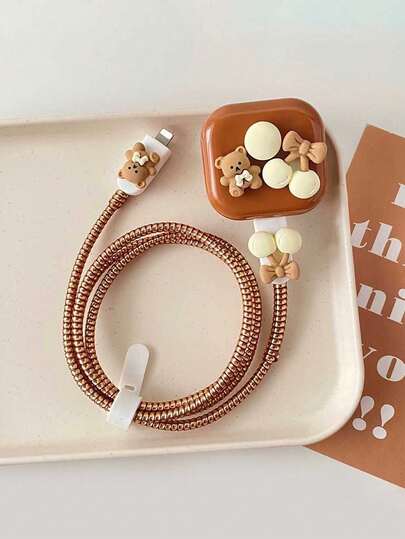 5pcs 3D Brown Bear & Cherry Brown Head Soft TPU Protective Case Set, Compatible With Apple 20w UK Plug Power Adapter Cable Protector, Charger Accessories, Phone Accessories