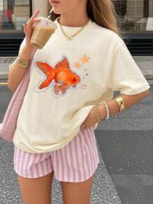 Tween Girls' Graphic Print Short Sleeve T-Shirt, Student/Young Teen Summer Top For Playtime
