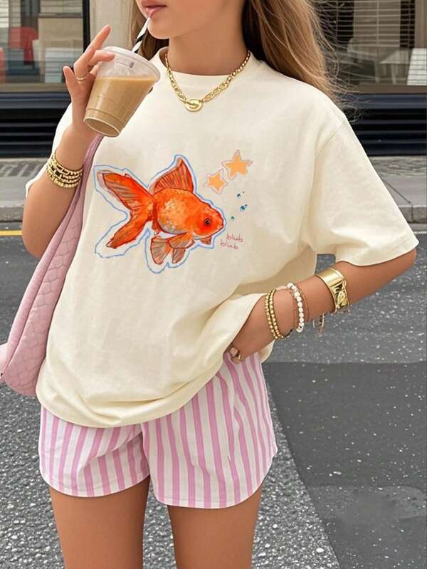Tween Girls' Graphic Print Short Sleeve T-Shirt, Student/Young Teen Summer Top For Playtime