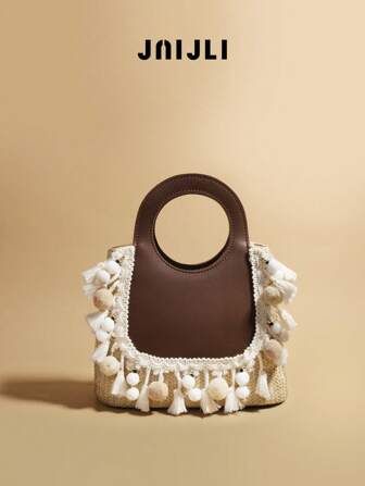 JNIJLI 1pc Vintage Bohemian Style Tasseled Straw & PU Leather Handbag, French Retro Woven Bag, Versatile For Daily Commute, Business, Travel, Beach, Gift For Women, Mom, Teacher, Friend