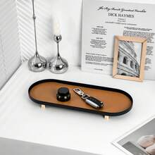 Stylish Nordic Oval Tray With Metal Feet & Leather Cushion – Versatile Bathroom/Kitchen Storage Organizer For Cosmetics, Jewelry & Decor | 3 Sizes (L/M/S) & 3 Colors (Beige/Brown/Dark Green) – Perfect For Home, Hotel, Party & Holiday Use - Multicolor - View 4