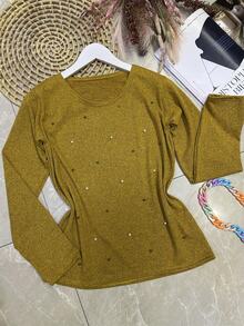 Long Sleeve Blouse In Soft Fabric With Rhinestones - Mustard Yellow - View 1