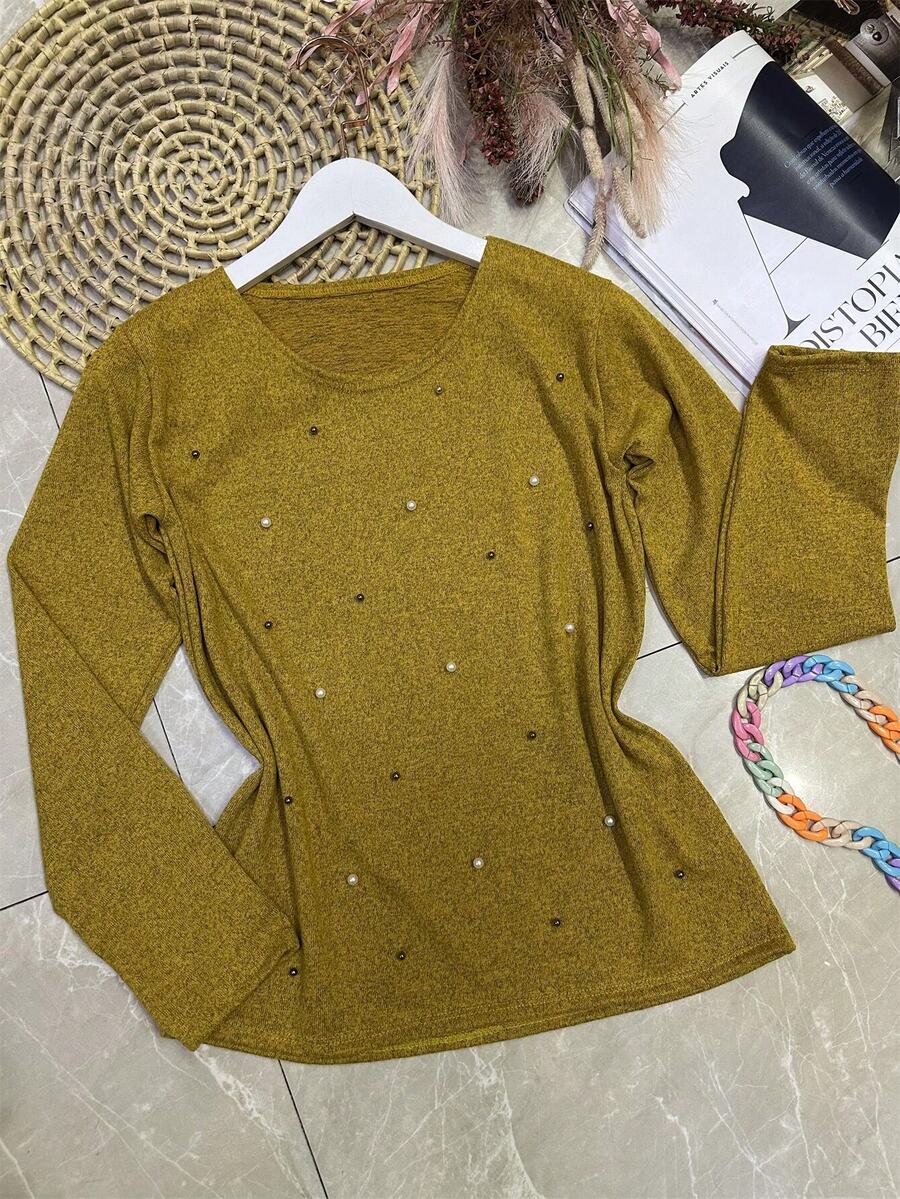 Long Sleeve Blouse In Soft Fabric With Rhinestones - Mustard Yellow - View 1