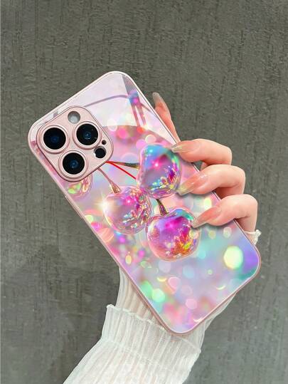 1 Pieza Funda de teléfono de cristal templado transparente con diseño de onda de agua brillante y cristal rojo en estilo de cereza, compatible con iPhone 16 Pro Max/15/14 Plus/13/12/11/XR/8P, Galaxy S25/S24/S23 Ultra/S22/S20/Note20/Note10/A56/A53/A14/A05