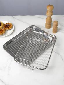 1pc/2pcs 304 Stainless Steel Double-Ear Roasting Net Basket, 13-Inch Stainless Steel Wave Bottom Roasting Pan, Reusable Rectangular Mesh Basket For Frying, Grilling, Kitchen Filter, Outdoor Camping BBQ, Home Oven Baking Tools, Kitchen Accessories