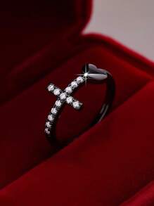 1pc Elegant & Geometric Cross & Heart Zirconia Ring, Suitable For Women/Men, Couples, Valentine's Day Gift, Daily Outfit, Party Accessory