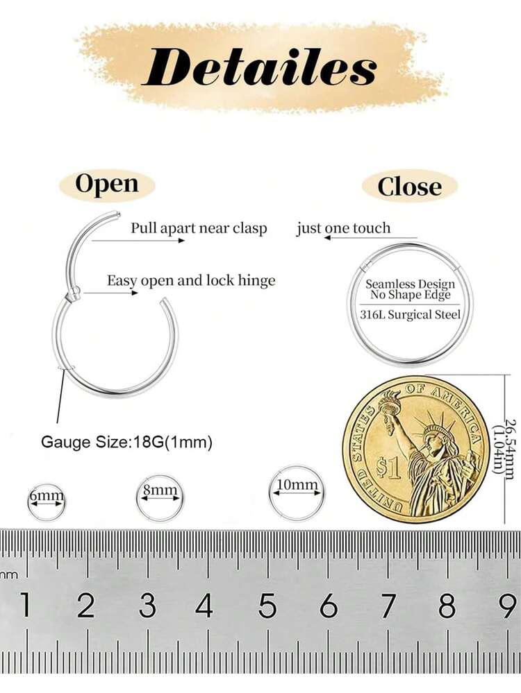 6PCS Dual-Purpose Nose Ring & Earring Set In Gold & Silver, Stainless Steel, 6/8/10mm Sizes - Everyday Versatile Fashion Jewelry Sets For Women, Perfect For Casual Wear And Any Occasion - As Shown In the Figure - View 2