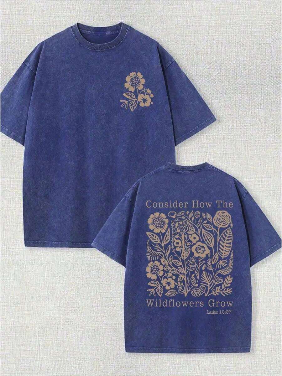 230g Washed, Secret Printed T-Shirt With Fresh Flowers, High-Quality Wax Printed Cotton Retro Fashion Brand T-Shirt, Men's T-Shirt, Beach Essential-61 - 藍色 - 查看 1