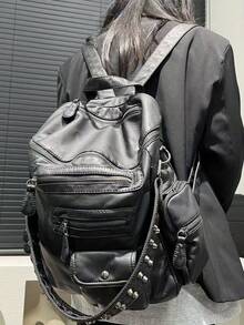 Ladies' Fashionable Y2K Vegan Leather Backpack With Large Capacity, Vintage And Spicy Girl Made Old Shoulder Bag, Multiple Pockets, Rivet Women's Wallet Suitable For Daily Commuting, Is A Perfect Holiday Gift - màu đen - Xem 3