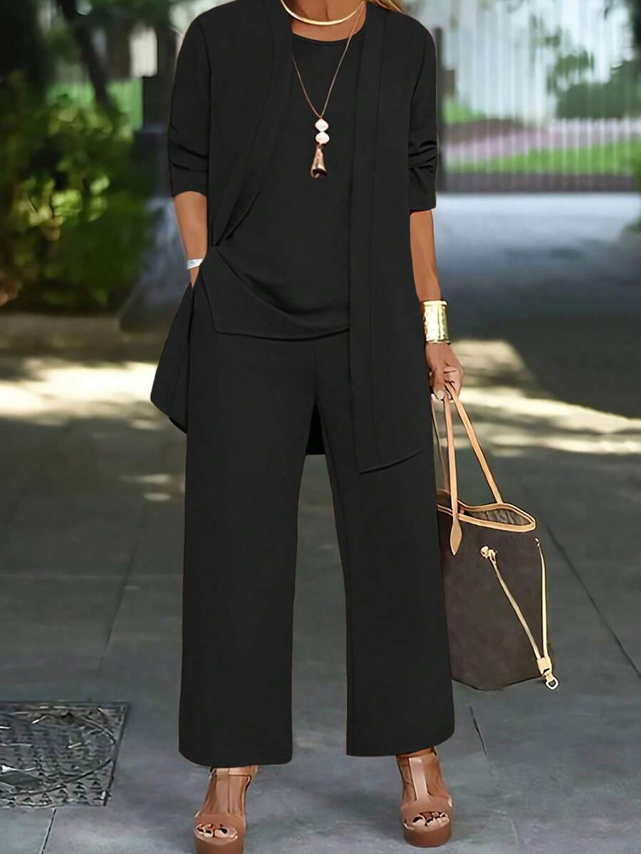 Conjunto informal de tres piezas de unicolor para mujeres, conformado por un chaleco de cuello redondo, pantalones anchos de talle alto y una chaqueta tipo cárdigan, apropiado para uso diario - Negro - Ver 1