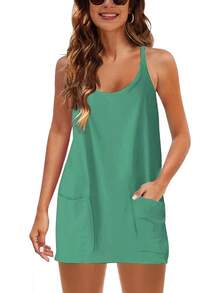 Women's Summer Sleeveless Mini Dress With Built-In Shorts - 綠色 - 查看 10