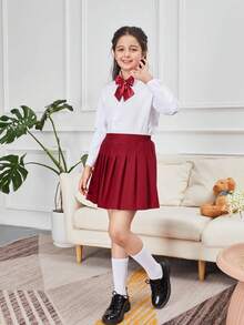 Girls' Elegant Pleated School Uniform Skirt With Built-In Safety Shorts, Knit Skirt, Basic School Uniform Skirt, Suitable For Performance, Party, Back To School, Burgundy - Burgundy - View 6