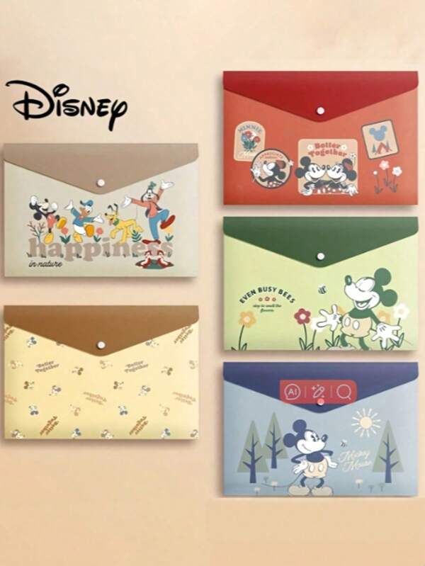 5pcs Cartoon A4 Size High Capacity Thick Storage Bag, Transparent Waterproof And Moisture-Proof Folder With Button Closure, Office & Student Stationery Organizer, Gift,Back To School,School Supplies