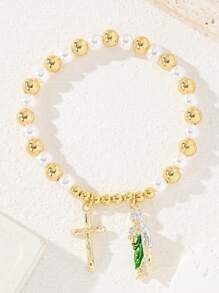 1 pièce Bracelet avec pendentif croix et perles, accessoire favori des clients, motif mode Saint-Jude. Convient pour un port quotidien ou festif, idéal pour une tenue décontractée ou en cadeau. Design minimaliste, plaqué or.