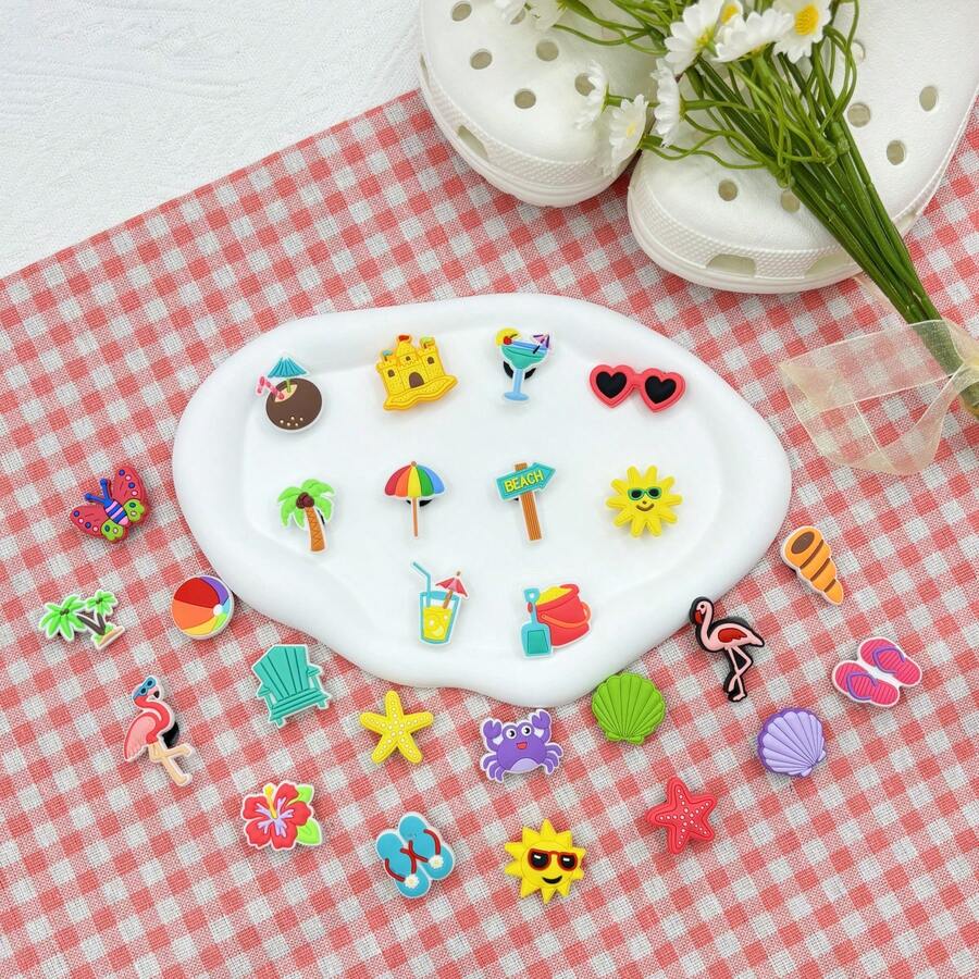 26Pcs Cute Summer Beach Vacation Cartoon Shoe Charms Decoration,Suitable For Hollow Out Clogs, Beach Sandals, Flip-Flops - 26Pcs - View 1
