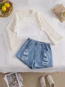 3pcs Set Tween Girls' Fashionable Outfit: Hollow Design Top, Camisole And Light Wash Distressed Denim Shorts