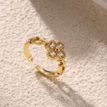 1pc 18K Plated Stainless Steel Colorful Zirconia Four-Leaf Clover Open Ring, Fashionable & Suitable For Party, Date, Office Wear