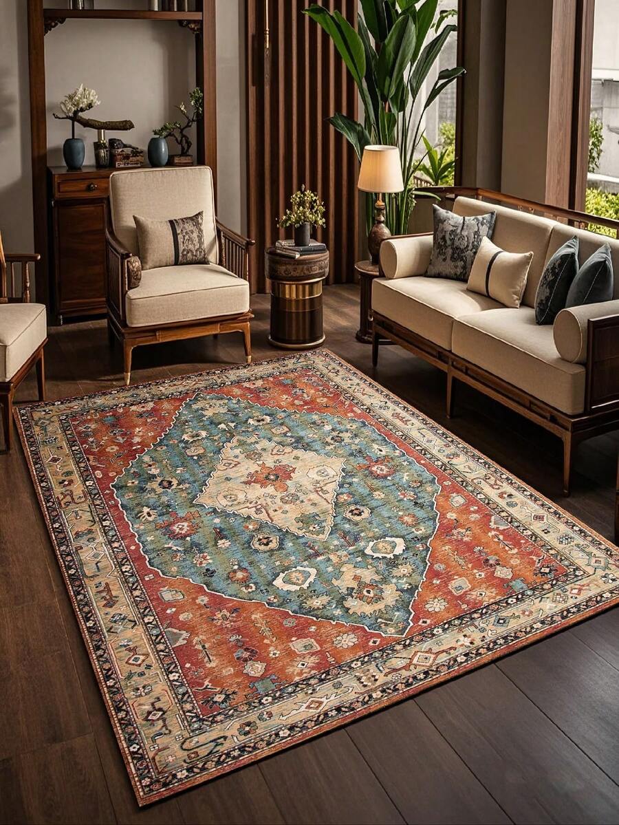1pc Bohemian Style Carpet, Vintage Floral Pattern, Living Room Carpet, Bedroom Carpet, Outdoor Carpet, Large Living Room Carpet, Bedroom Decor, Garden Carpet, Room Decoration, Washable Carpet