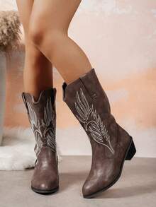 Embroidered Boots Spring & Autumn New Short Boots Chunky Heel Retro Boots Over-The-Knee Cowboy Boots, In Brown,Western Boots - Mocha Brown - View 5