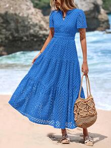 Women's Spring And Summer Maxi Dress Short Sleeve V Neck Hollow Out Eyelet A Line Long Flowy Wedding Guest Beach Vacation Blue Dresses For Women - 藍色 - 查看 1