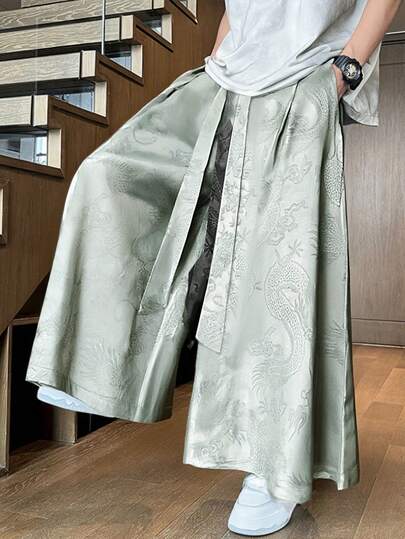 Men's Chinese Vintage Style Satin Loose Pants With Jacquard Dragon Pattern, Lightweight Breathable Soft Trousers For Spring & Autumn, Fall