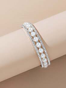 1 pulseira elegante com pérolas artificiais e strass brilhantes, adequada para festas femininas e uso diário
