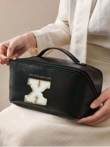 Bolsa de cosméticos de piel sintética impermeable, con bolsa de almacenamiento de cosméticos con letra, bolsa de cosméticos de gran capacidad y de doble capa, bolsa de mujer multifuncional para viajes, neceser, organización y almacenamiento de cosméticos, organización y almacenamiento del baño, esenciales para viajes, esenciales para cruceros, accesorios de viaje, almacenamiento de baño, almacenamiento de joyas, almacenamiento de labiales, almacenamiento de esmaltes de uñas, regalo de Pascua, regalo para dama de honor, regalo del Día de la Madre