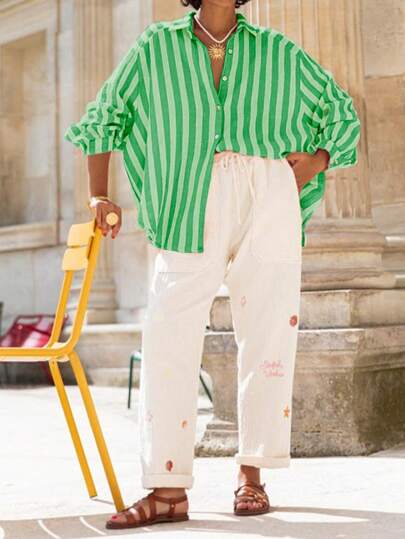 1pc Women Casual Loose Stripe Button Down Long Sleeve Shirt, Comfortable For Commuting, Daily Spring Travel, Coffee Date, Outdoor Party, Back To School, Vacation