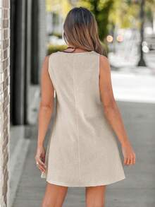 EMERY ROSE 女士休闲亚麻无袖 A 字连衣裙，带绗缝口袋，优雅度假装，女士度假装 - 杏色 - 查看 3