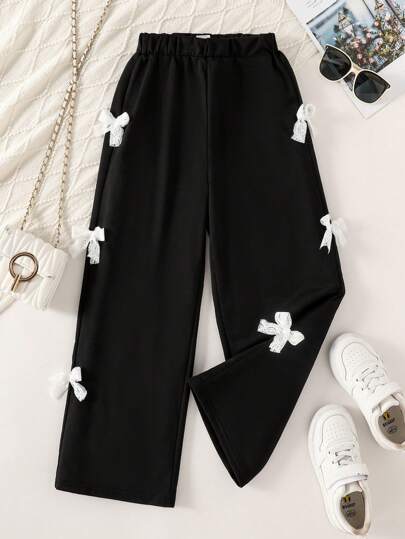 女童时尚松紧腰蝴蝶结装饰直筒裤，舒适柔软，女童休闲装，优雅百搭