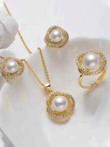 4pcs Set & Elegant Simple Style Crystal & Faux Pearl Wrap Pendant, Earrings, Ring, Necklace Set, Suitable For Girls Party & Event