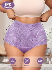 MEIYATING 女士加大码蕾丝内裤，高腰，收腹，镂空，花卉印花，性感舒适 - 紫色 - 查看 3