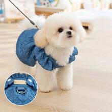Vestidos de mezclilla para perros pequeños, ropa con anillo de correa, mangas voladoras, ropa de verano para gatos, trajes de Chihuahua azules - azul claro - Ver 7