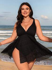 Swim Lushoire Plus Size Women's Solid Color Casual Tankini Swimsuit For Vacation Summer