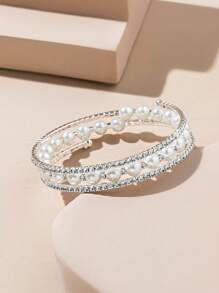 1 pulseira elegante com pérolas artificiais e strass brilhantes, adequada para festas femininas e uso diário