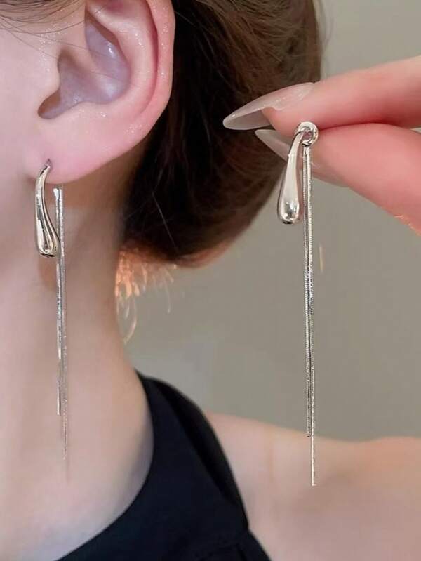 2 Pairs Silver Water Drop Tassel Earrings, Metal & Timeless Fashion Jewelry, Suitable For Spring/Summer Wear